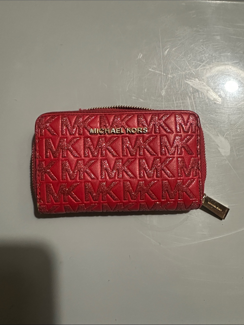 Michael Kors Red MK Monogram Embossed Zip Card Holder